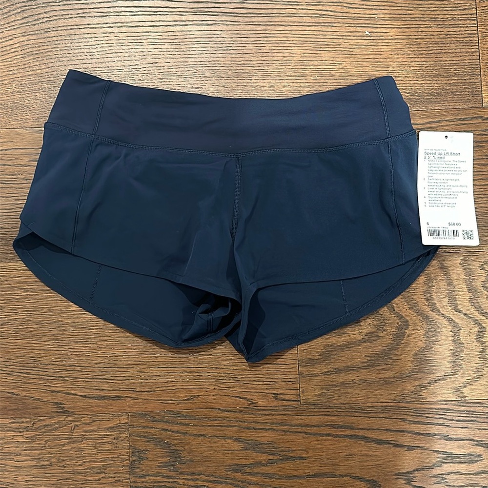 Lululemon size 6 navy speed ups 2.5” lined. New w/ tags!